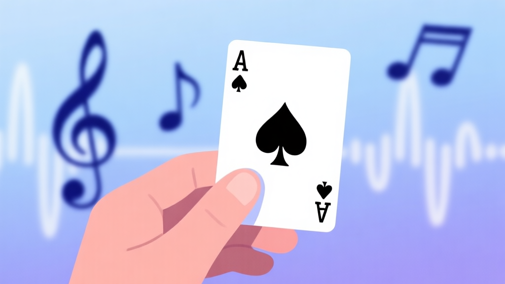 A serene, minimalist illustration of a hand holding a playing card (Ace of Spades) against a soft, blurred background of musical notes and sound waves in calming shades of blue and lavender, evoking focus and harmony high quality illustration, detailed, 16:9