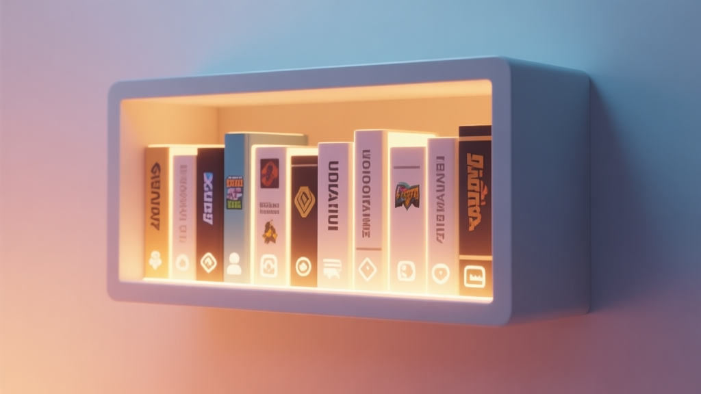 A modern, minimalist digital bookshelf with glowing book spines labeled with various game titles and icons, set against a soft gradient background of warm and cool tones, clean and organized aesthetic high quality illustration, detailed, 16:9