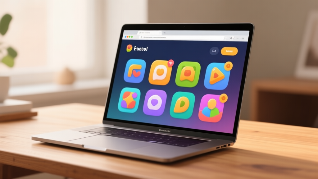 A modern laptop screen displaying a colorful browser game hub with multiple game icons, soft natural lighting on a wooden desk, minimalist composition with a warm and inviting atmosphere high quality illustration, detailed, 16:9