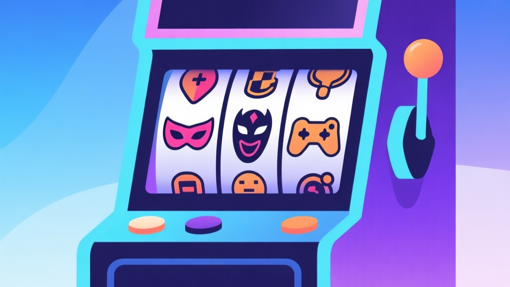 Abstract illustration of a slot machine interface merging with pop culture icons like masks and game symbols, soft gradient background of blues and purples, clean and modern digital art style, representing the fusion of entertainment themes high quality illustration, detailed, 16:9