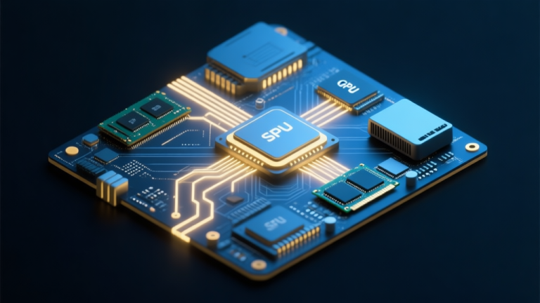 自动生成图片: Abstract diagram of a computer motherboard with glowing data pathways connecting CPU, RAM, GPU, and storage chips, soft blue and gold lighting on a dark background, minimalist technical illustration high quality illustration, detailed, 16:9