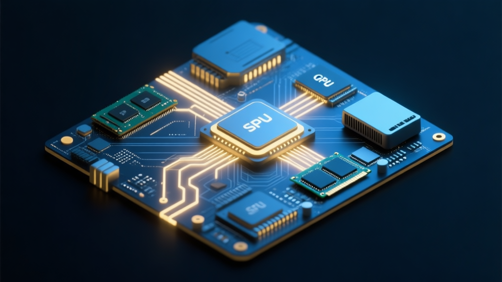 Abstract diagram of a computer motherboard with glowing data pathways connecting CPU, RAM, GPU, and storage chips, soft blue and gold lighting on a dark background, minimalist technical illustration high quality illustration, detailed, 16:9