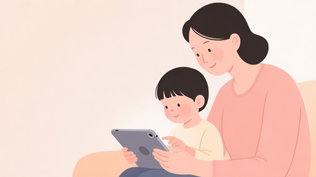 A gentle, minimalist illustration of a parent and young child exploring a tablet together, soft pastel colors, warm and safe atmosphere, focus on connection and learning high quality illustration, detailed, 16:9