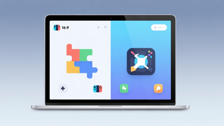 自动生成图片: A split-screen illustration showing two different minimalist game dashboard interfaces on a laptop screen, one with casual puzzle icons and the other with action game icons, set against a soft gradient background of muted blues and greys, clean and modern design high quality illustration, detailed, 16:9