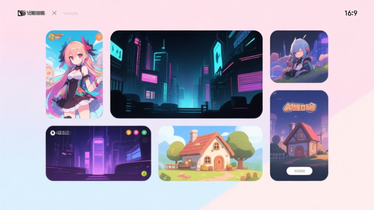 自动生成图片: A collage of diverse video game visual styles, from vibrant anime characters to dark cyberpunk cityscapes and cozy cottagecore scenes, arranged in a modern, clean layout with soft pastel background, digital art style high quality illustration, detailed, 16:9