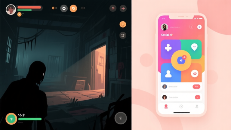 自动生成图片: A split-screen illustration showing a dark, atmospheric survival horror game scene on one side and a vibrant, social mobile gaming interface on the other, using a soft color palette with muted dark tones and warm pastels, minimalist design high quality illustration, detailed, 16:9