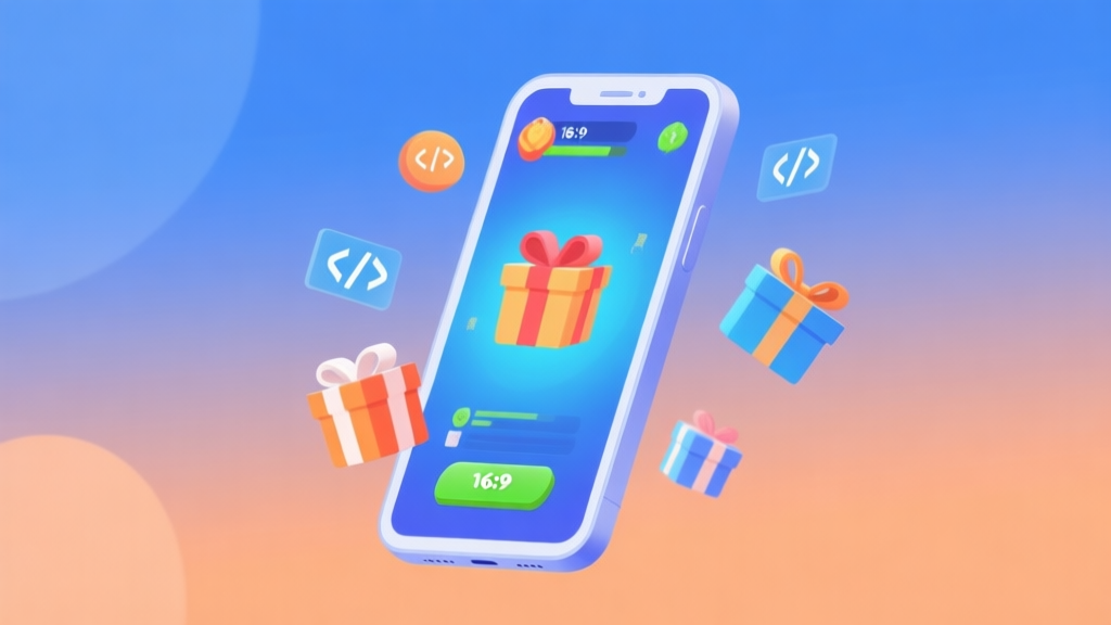 An abstract illustration showing a smartphone screen with a game interface, gift boxes and code symbols floating around it, soft gradient background of blue and orange, clean and modern digital art style high quality illustration, detailed, 16:9
