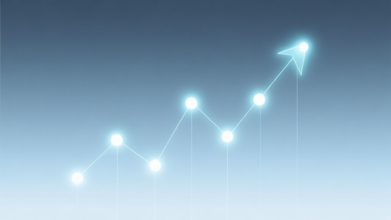 自动生成图片: A minimalist abstract illustration showing a rising trend line composed of glowing dots connected by thin lines, over a soft gradient background of muted blue and grey, representing steady growth and relevance in a digital landscape high quality illustration, detailed, 16:9