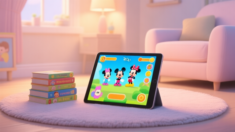 自动生成图片: A cozy, warm-lit room with a tablet displaying colorful, friendly Disney character game graphics, placed on a soft rug next of a stack of children's books, minimalist style with soft pastel colors high quality illustration, detailed, 16:9