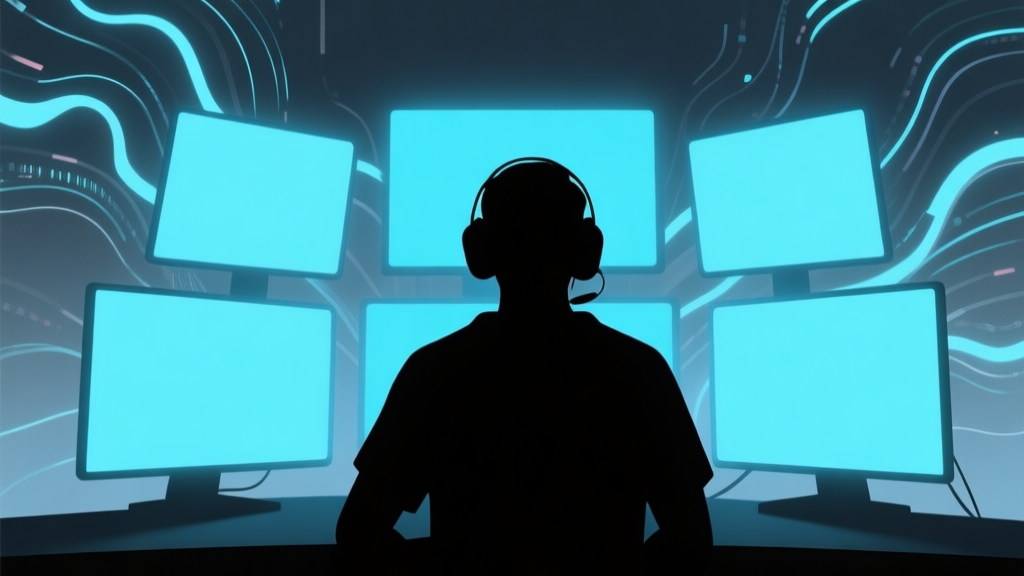 A minimalist silhouette of a skilled esports player in front of multiple glowing game screens, soft blue and dark grey color scheme, abstract digital background with flowing data streams, professional and mysterious atmosphere high quality illustration, detailed, 16:9