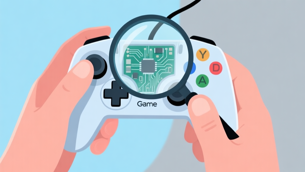 A person's hands holding a Game Stick Lite controller, with a magnifying glass hovering over it, revealing faint internal circuit lines. Soft blue and grey background, clean and technical illustration style. high quality illustration, detailed, 16:9