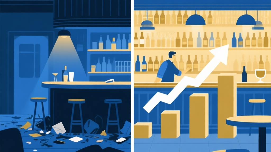 A split-screen illustration showing a dim, messy bar on the left transforming into a vibrant, profitable bar on the right, with arrows indicating growth, using a soft color palette of blues and golds, minimalist business infographic style high quality illustration, detailed, 16:9
