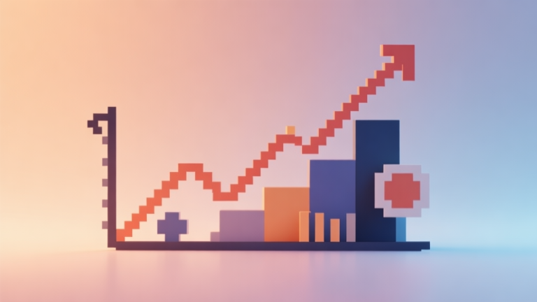 自动生成图片: Abstract illustration showing a rising trend line merging with classic pixel art elements and modern 3D shapes, soft gradient background in warm and cool tones, minimalist design representing market growth and nostalgia high quality illustration, detailed, 16:9