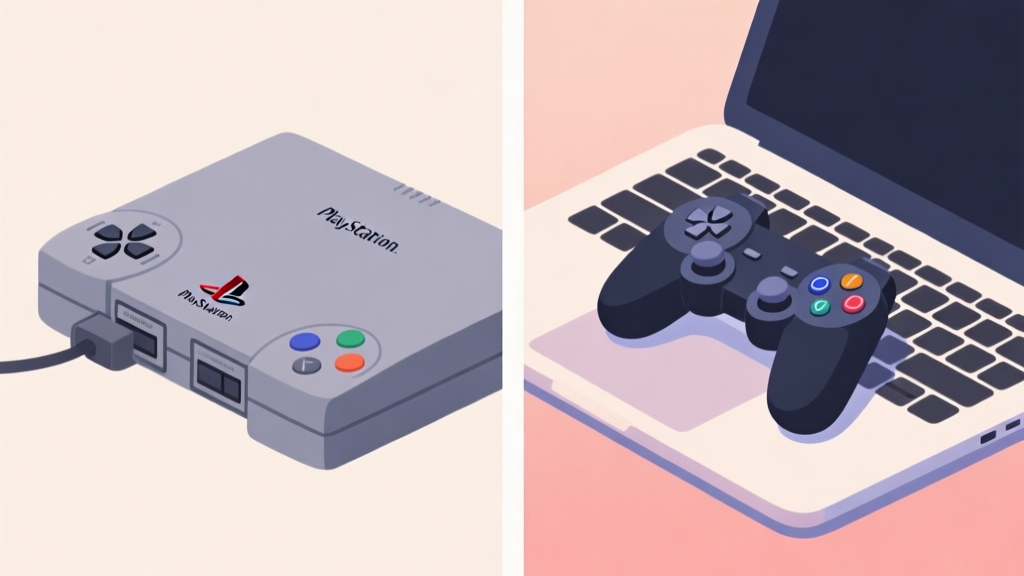A split-screen illustration showing a classic PlayStation 2 console on one side and a modern laptop with a game controller on the other, soft nostalgic and modern color palette blending in the middle, minimalist design high quality illustration, detailed, 16:9