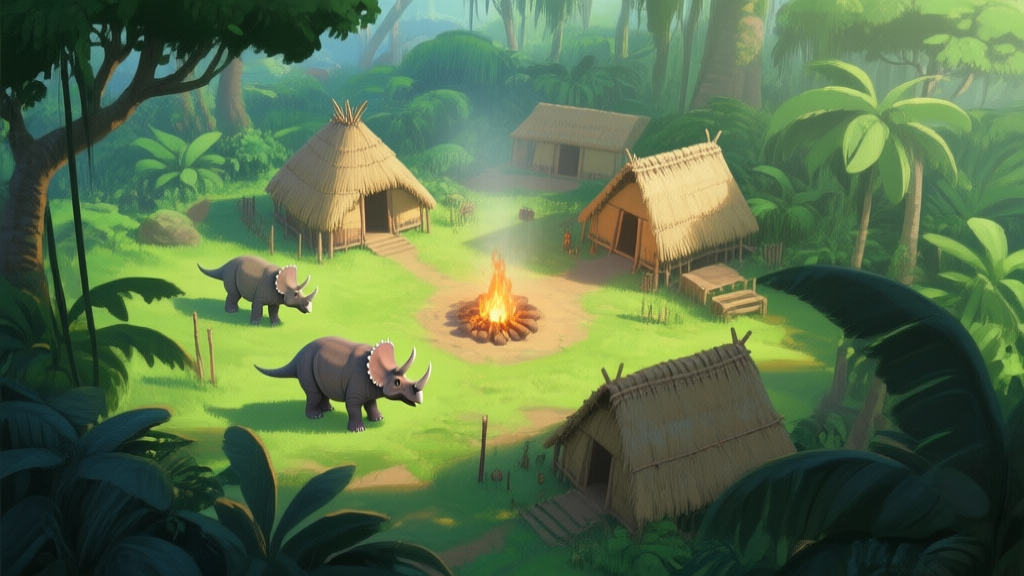 A top-down view of a small, newly established dinosaur settlement in a lush prehistoric jungle, showing a few thatched huts, a central campfire, and a couple of Triceratops wandering nearby, soft morning light, vibrant green color palette, digital painting style high quality illustration, detailed, 16:9