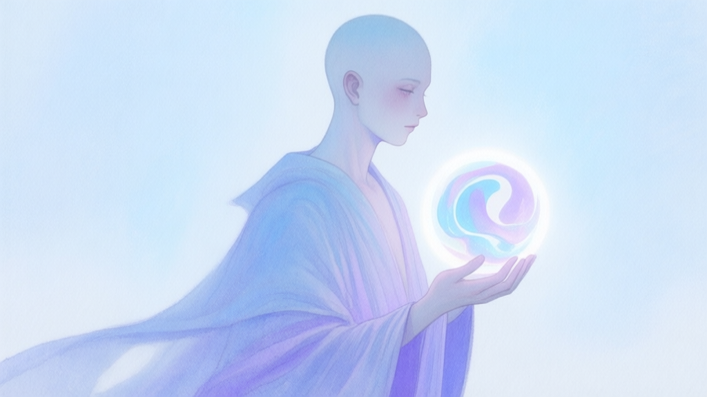 A serene, mysterious character portrait in soft watercolor style, featuring a androgynous figure with flowing robes, holding an abstract glowing orb, pastel color palette with blues and purples, ethereal background, minimalist details high quality illustration, detailed, 16:9