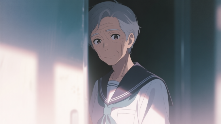自动生成图片: An artistic, soft-focus illustration of a mysterious anime-style senior character in a school uniform, partially hidden in shadows, looking protectively towards the viewer. Soft pastel colors, gentle lighting, evocative and emotional mood high quality illustration, detailed, 16:9