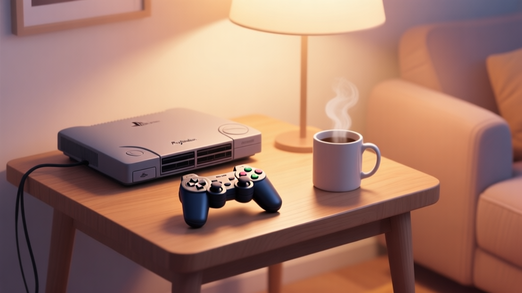 A cozy, softly lit gaming setup with a classic PlayStation 2 console, a modern wireless PS2 controller resting on a wooden table beside a steaming mug, warm and inviting atmosphere, minimalist composition high quality illustration, detailed, 16:9