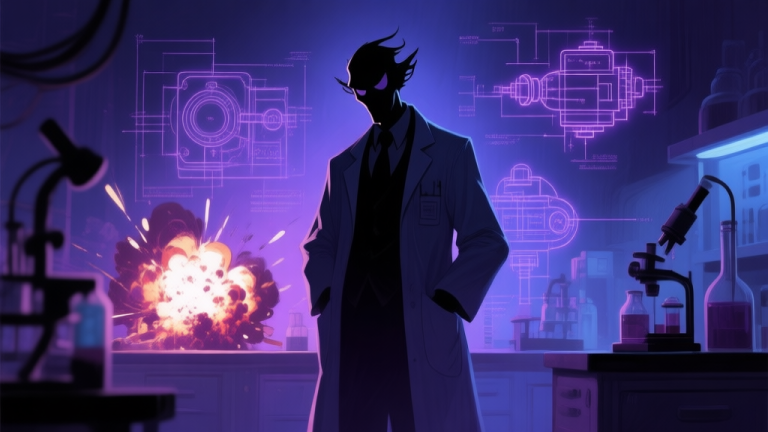 自动生成图片: A mysterious, shadowy silhouette of a mad scientist character in a lab coat, surrounded by vague, glowing schematics of mechanical devices and explosions, rendered in a dark, atmospheric style with soft purple and blue accents, digital painting high quality illustration, detailed, 16:9