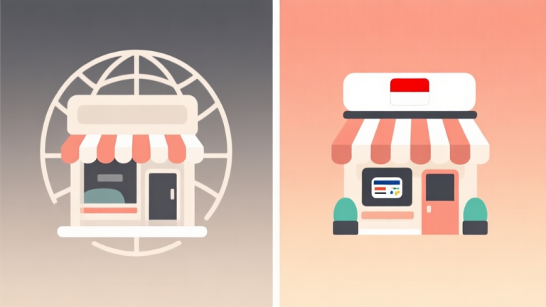 自动生成图片: A split-screen comparison illustration showing abstract icons representing a global digital storefront on one side and a localized storefront with Indonesian payment method logos on the other, using a soft gradient background of neutral and warm tones, clean and minimalist design high quality illustration, detailed, 16:9