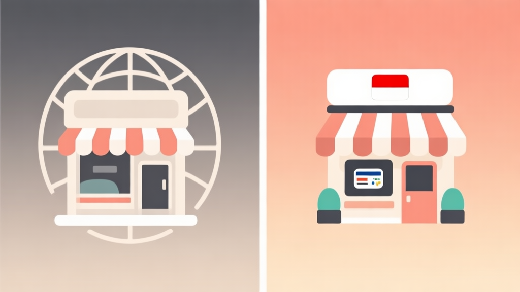 A split-screen comparison illustration showing abstract icons representing a global digital storefront on one side and a localized storefront with Indonesian payment method logos on the other, using a soft gradient background of neutral and warm tones, clean and minimalist design high quality illustration, detailed, 16:9