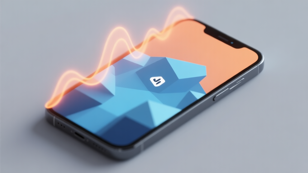 A modern smartphone with a subtle heat wave distortion effect rising from its back, placed on a soft grey background. The screen shows abstract, low-polygonal shapes representing a game, with a small stutter icon. Minimalist style, cool blue and warm orange color contrast, soft lighting. high quality illustration, detailed, 16:9