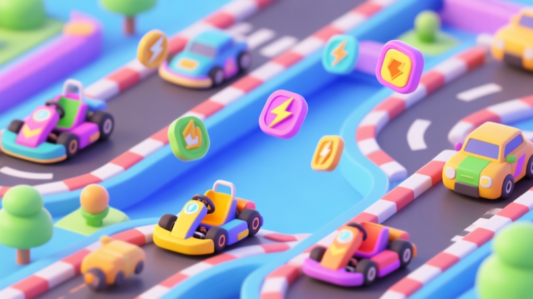 自动生成图片: A dynamic, colorful isometric view of a fantastical kart racing track with vibrant vehicles, power-up icons floating in the air, and a playful, energetic atmosphere, rendered in a bright and modern 3D cartoon style high quality illustration, detailed, 16:9