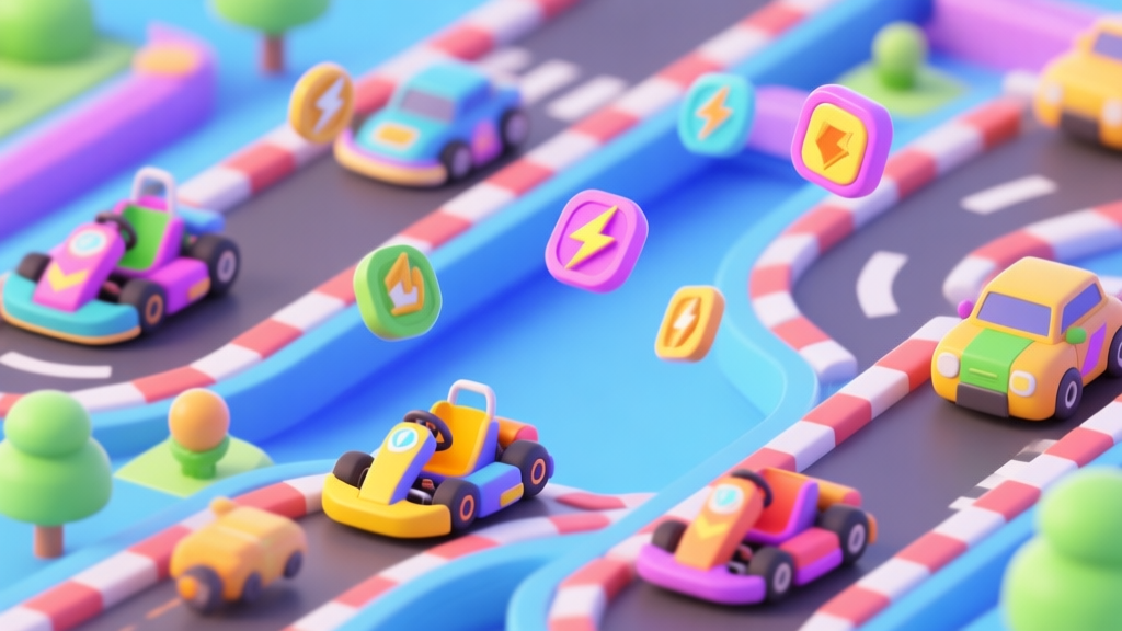 A dynamic, colorful isometric view of a fantastical kart racing track with vibrant vehicles, power-up icons floating in the air, and a playful, energetic atmosphere, rendered in a bright and modern 3D cartoon style high quality illustration, detailed, 16:9