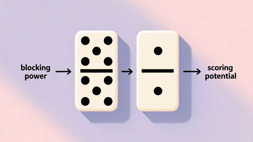 A minimalist infographic showing two domino tiles side by side, one with high dots and one with low dots, connected by arrows to labels like "blocking power" and "scoring potential", soft pastel background, clean design high quality illustration, detailed, 16:9