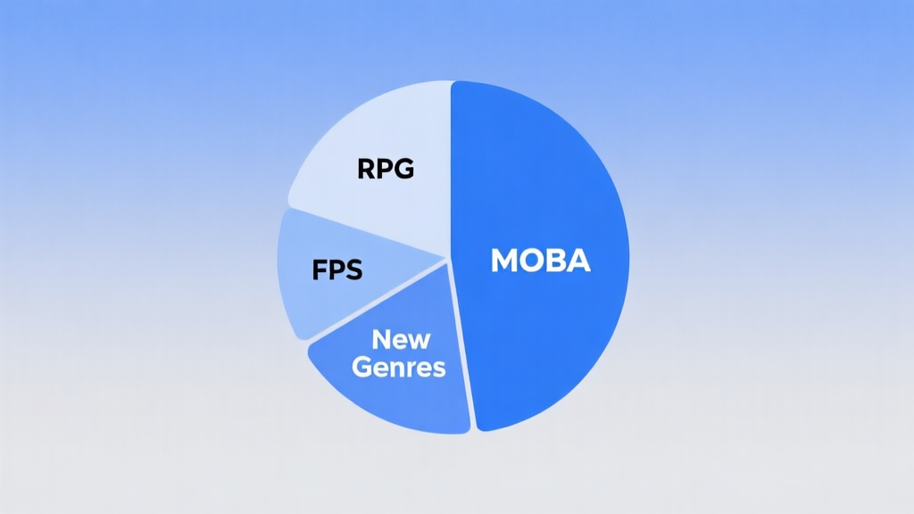 A minimalist illustration showing a pie chart with one large slice labeled "MOBA" and other smaller slices for "RPG", "FPS", and "New Genres", on a soft gradient background of blue and grey, clean business infographic style high quality illustration, detailed, 16:9