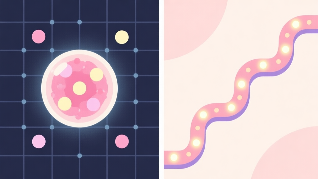 Abstract side-by-side comparison of two distinct game mechanics, one showing a large cell absorbing smaller ones on a grid, the other showing a serpentine line growing by consuming glowing dots, soft pastel color palette, clean minimalist illustration high quality illustration, detailed, 16:9