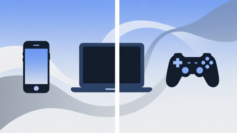 自动生成图片: A split-screen illustration showing three different gaming device silhouettes (smartphone, laptop, game controller) on a soft, gradient background of muted blues and greys, connected by abstract, flowing lines, minimalist and clean design high quality illustration, detailed, 16:9