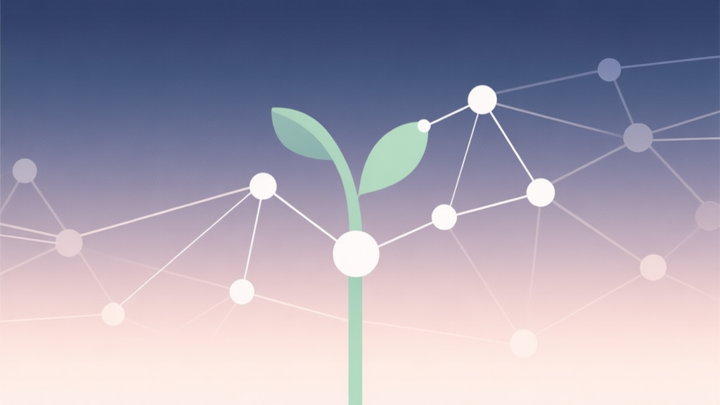 A minimalist abstract illustration of a growing network of connected dots and lines on a soft gradient background, symbolizing the expansive and connected nature of .io games, in a calm and professional color palette high quality illustration, detailed, 16:9
