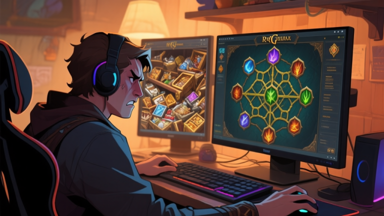 自动生成图片: A frustrated gamer sitting at a PC, looking at a complex RPG character skill tree on the monitor, with a cluttered inventory visible on a second screen, warm lighting, digital art style high quality illustration, detailed, 16:9