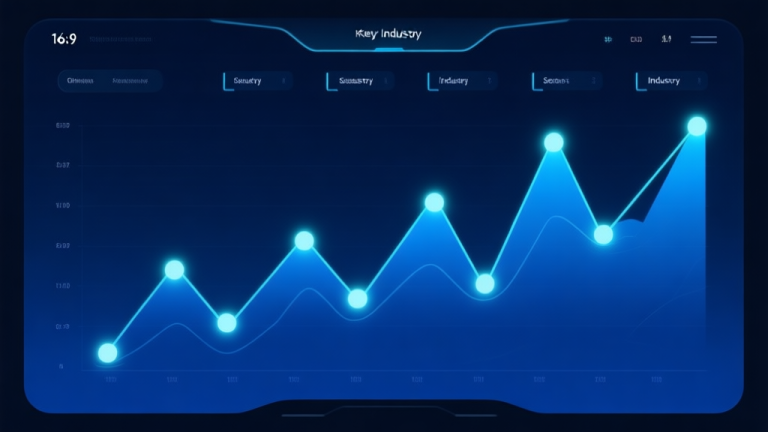 自动生成图片: Abstract futuristic dashboard showing multiple rising trend lines on a dark blue background, with soft glowing nodes representing key industry sectors, minimalist data visualization style high quality illustration, detailed, 16:9