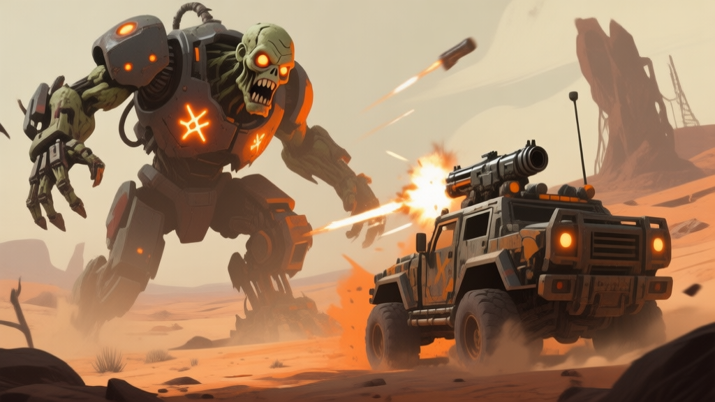 Epic side-scrolling video game scene, a massive mechanical zombie boss with glowing weak points, a heavily armored vehicle firing weapons, post-apocalyptic desert background, dynamic action shot, muted earth tones with orange accents high quality illustration, detailed, 16:9