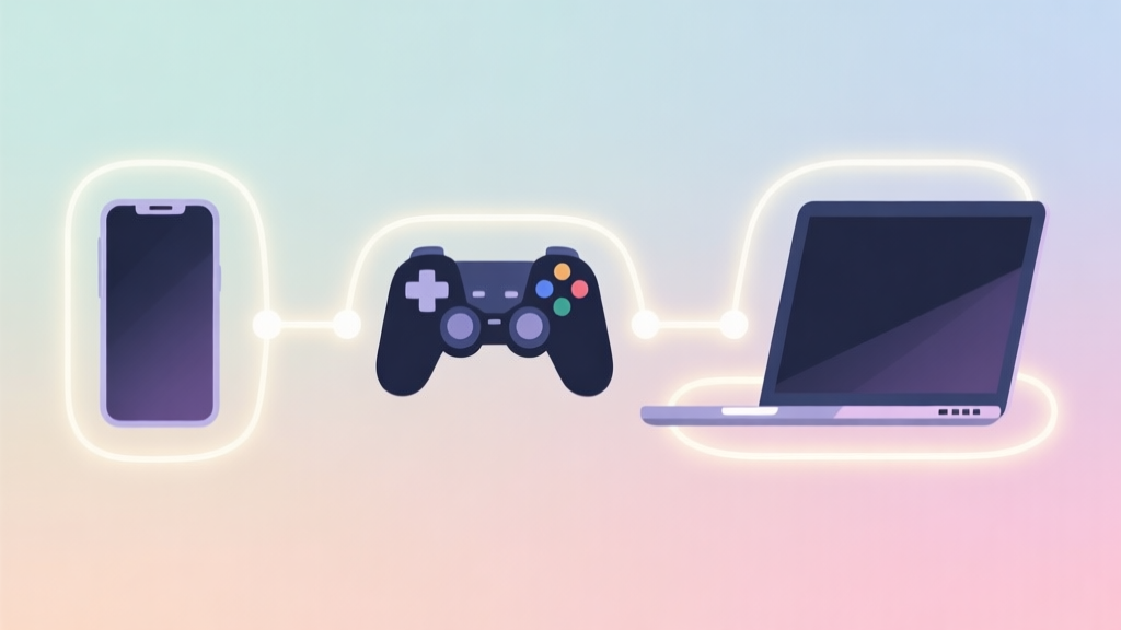 A minimalist illustration showing a smartphone, a game controller, and a laptop arranged in a balanced composition, connected by soft glowing lines, on a pastel gradient background, representing diverse gaming platforms high quality illustration, detailed, 16:9