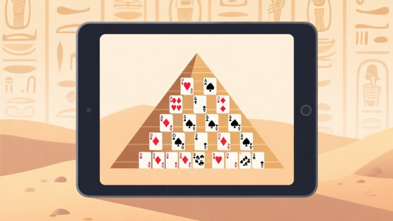 自动生成图片: A clean, minimalist illustration of a Pyramid Solitaire game layout on a digital tablet, showing a pyramid of cards against a soft sandy background with subtle Egyptian hieroglyphic patterns, soft warm lighting, flat design style high quality illustration, detailed, 16:9