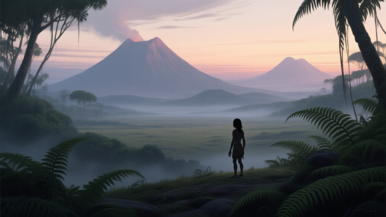 自动生成图片: A serene yet mysterious prehistoric landscape at dusk, showing a vast open world with distant volcanoes, lush ferns, and a small, vulnerable human figure silhouetted against the environment, soft color palette with misty tones high quality illustration, detailed, 16:9