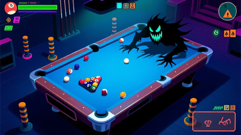 自动生成图片: A stylized, top-down view of a billiards table in a video game setting, showing a menacing boss character made of shadows and pool balls at one end, and various obstacles like moving bumpers and hazard zones on the table, dark blue and neon accent color scheme, digital art style high quality illustration, detailed, 16:9