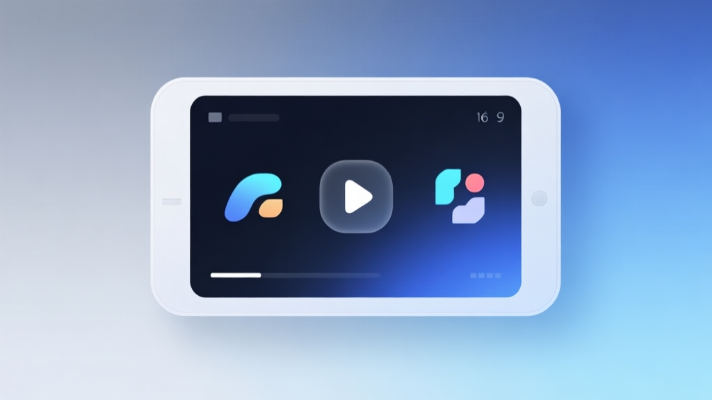 A modern, minimalist digital device screen showing abstract game icons and a simple play button, set on a soft gradient background of cool blue and grey tones, clean and professional visual high quality illustration, detailed, 16:9