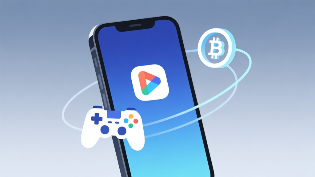 A modern, minimalist illustration showing a smartphone screen with a popular mobile game icon, a game controller, and a stylized blockchain symbol connected by flowing lines, on a soft gradient background of muted blue and grey, clean and professional high quality illustration, detailed, 16:9