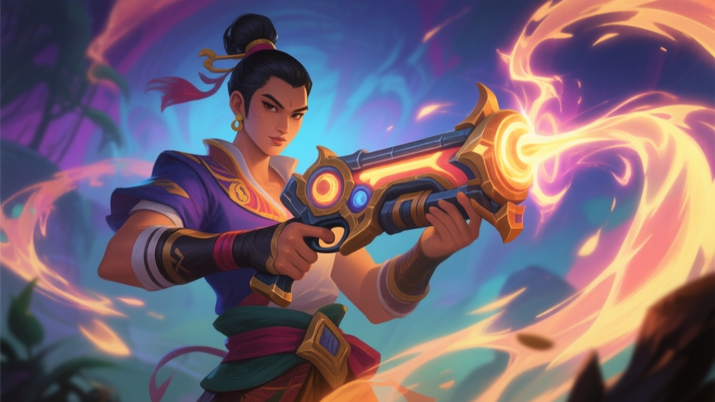A stylized portrait of a charismatic Southeast Asian-inspired game character, holding a unique weapon, with glowing skill effects in the background, digital painting style, vibrant yet balanced colors high quality illustration, detailed, 16:9