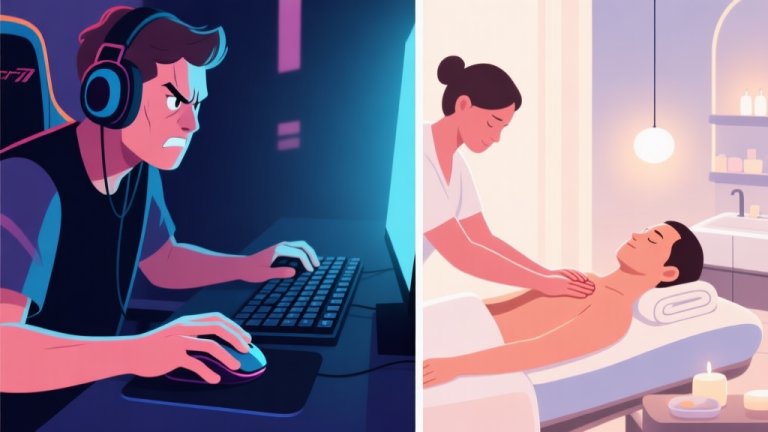 自动生成图片: A split-screen image showing a focused gamer with tense hands on a keyboard and mouse on one side, and a relaxed person receiving a hand massage in a modern spa setting on the other, soft lighting, calming color palette high quality illustration, detailed, 16:9
