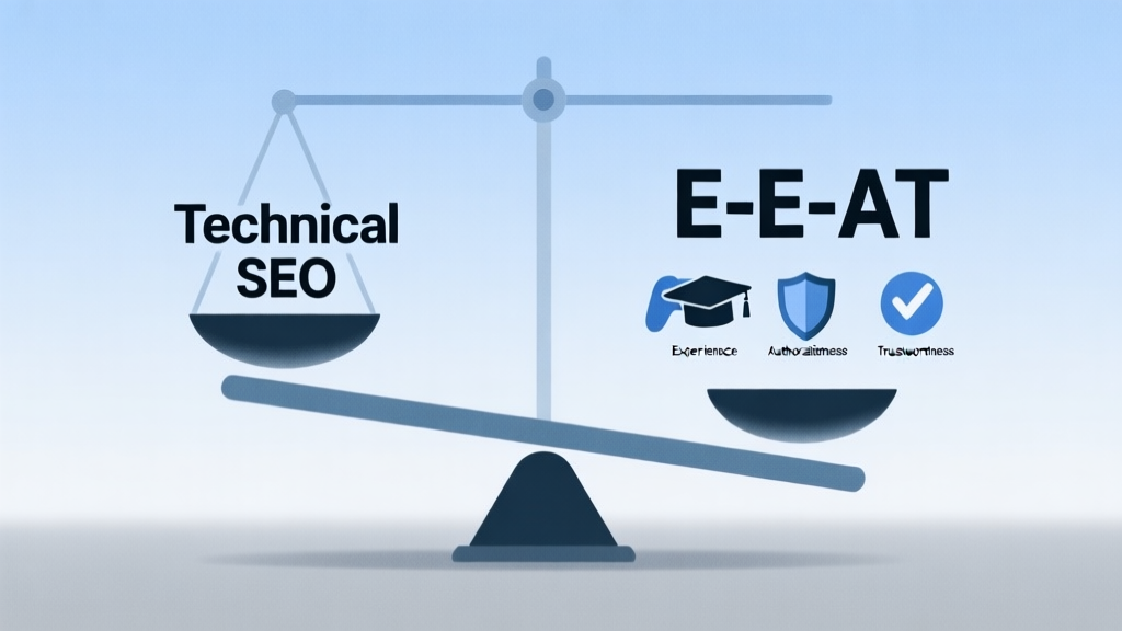 A conceptual illustration showing a scale balancing "Technical SEO" on one side and "E-E-A-T" on the other, with the E-E-A-T side lower. The E-E-A-T side is depicted with icons for experience (game controller), expertise (graduation cap), authoritativeness (shield), and trustworthiness (checkmark). Minimalist design, soft blue and grey color palette. high quality illustration, detailed, 16:9