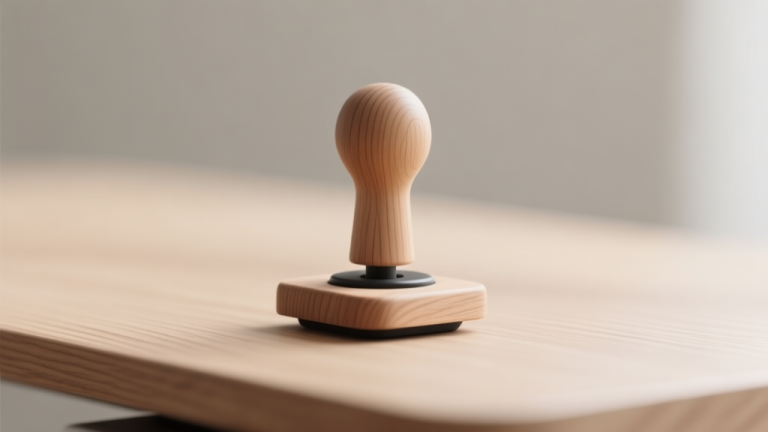 自动生成图片: A modern, minimalist wooden joystick resting on a soft-focus desk, natural wood grain texture visible, soft neutral background, clean and professional product photography style high quality illustration, detailed, 16:9