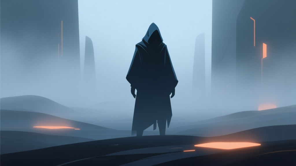 Abstract illustration of a mysterious, hooded game character silhouette standing in a foggy digital landscape, soft glowing accents, minimalist style with a palette of dark blue, grey, and soft orange high quality illustration, detailed, 16:9