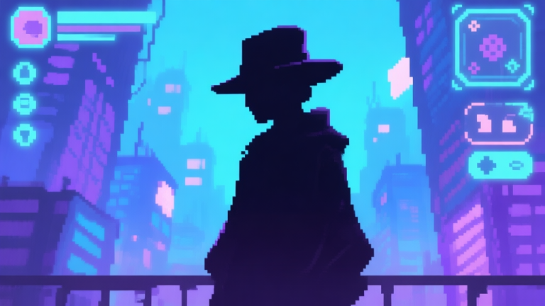自动生成图片: A stylized, mysterious silhouette of a character with a hat, standing against a backdrop of glowing game UI elements and pixel art cityscape, soft blue and purple color scheme, digital painting style high quality illustration, detailed, 16:9