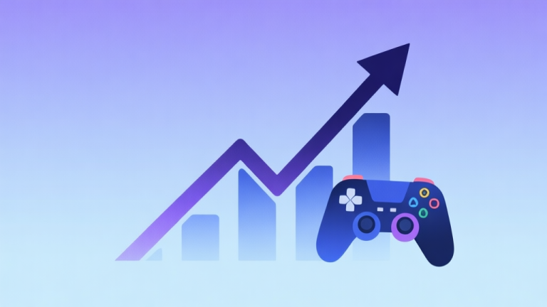 自动生成图片: Abstract illustration of a rising trend line merging with game controller elements, soft gradient background in muted blues and purples, minimalist design, representing market growth high quality illustration, detailed, 16:9