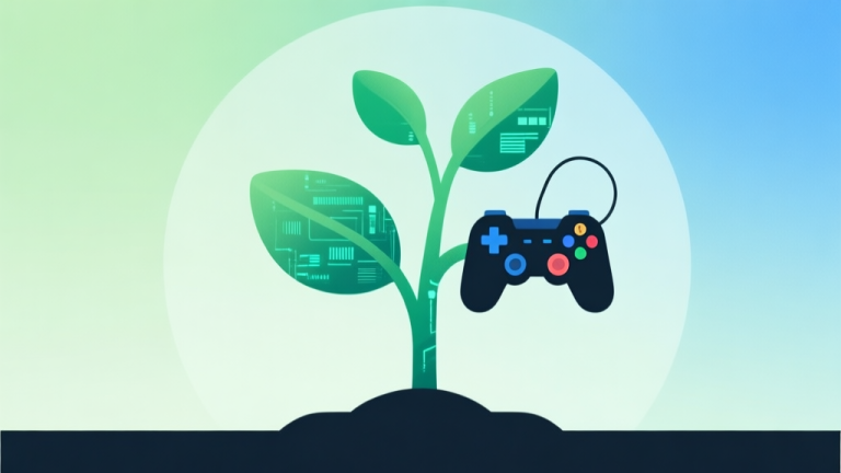 自动生成图片: Abstract illustration of a growing plant with digital leaves and game controller elements, soft green and blue gradient background, symbolizing evolution and growth in gaming, minimalist style high quality illustration, detailed, 16:9